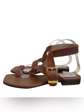 The Wishbone Collection Brown Leather Strappy Sandals With Gold Buckle Detail